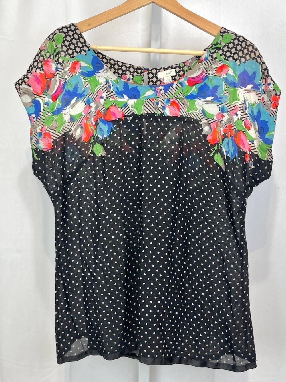 ODILLE Anthropologie Floral Polka Dot Cap Sleeve Top Multicolor Black Size 4